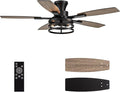 52 Inch Flush Mount Ceiling Fans with Lights and Remote Control, Low Profile Farmhouse Ceiling Fan for Bedroom Living Room and Patio, Black Caged Ceiling Fan for Indoor and Outdoor