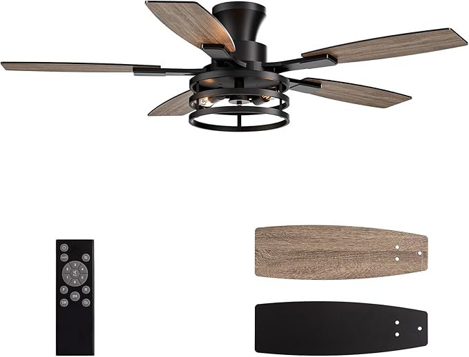 52 Inch Flush Mount Ceiling Fans with Lights and Remote Control, Low Profile Farmhouse Ceiling Fan for Bedroom Living Room and Patio, Black Caged Ceiling Fan for Indoor and Outdoor
