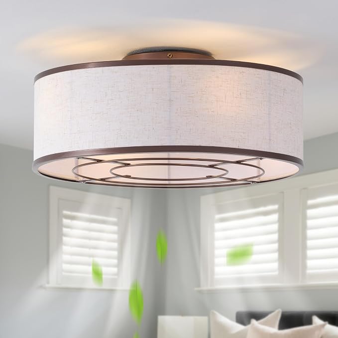 20" Brown Ceiling Fans with Lights, Boho Flush Mount Ceiling Fan with Light and Remote, Drum Fabric with 6 Speeds for Bedroom, Nursery, Living Room