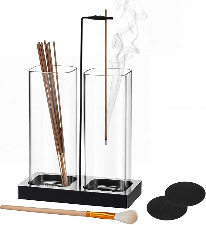 Zhehao 4 Pcs 2 in 1 Incense Holder for Sticks with Glass Ash Catcher Kit, Includes 1 Upside Down Anti-ash Flying Incense Burner 1 Ash Brush and 2 Mats for Meditation, Yoga, Spa, Home Decor