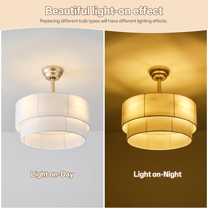 20" Boho Ceiling Fans with Lights, Fabric Fandelier Chandelier Ceiling Fan with Light Remote Control, Caged with 6 Speeds for Bedroom, Nursery(White)