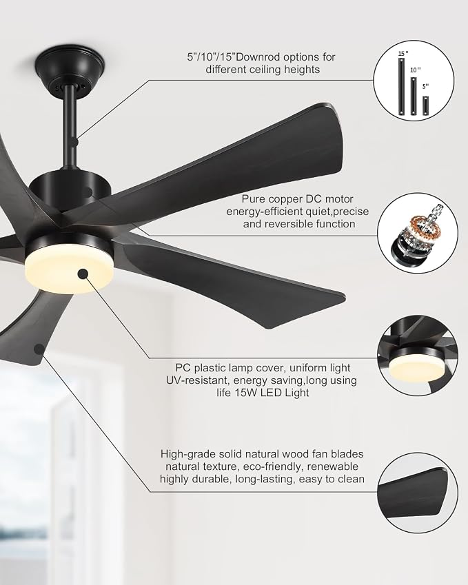 52 Inch Ceiling Fans with Light Remote, Black Ceiling Fan USA Original Patent, 3 Downrods, 5 Wood Blades,ETL Listed, 6 Speed Quiet DC Motor Outdoor Indoor Fan for Bedroom, 52" Black
