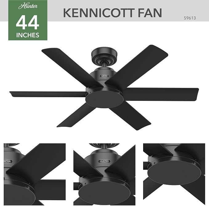 Hunter 44 inch Outdoor or Indoor Ceiling Fan No Light - Black Ceiling Fan without Light, For Patio, Porch, Garage, or Living Room, Standard Mount, 6 Blades, Wall Control - Kennicott 59613, Matte Black | No Light, Standard Mount, Wall Control, 6 Blades,...