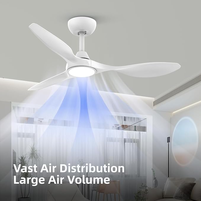 Roomratv 42 Inch White Ceiling Fans with Lights, Remote Control,Reversible DC Motor,Dimmable,6 Speeds,Ultra Quiet,3 Blade Ceiling Fans for Bedroom,Living Room,Indoor Outdoor Patio
