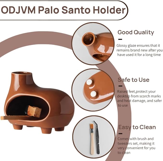 Terracotta Palo Santo Holder Burner with Chimney & Elevated Feet, Mess-Free Design for Meditation & Yoga, Holds Palo Santo Sticks, Sage & Cones – Ceramic Palo Santo Holder Set with Brush & Tweezer