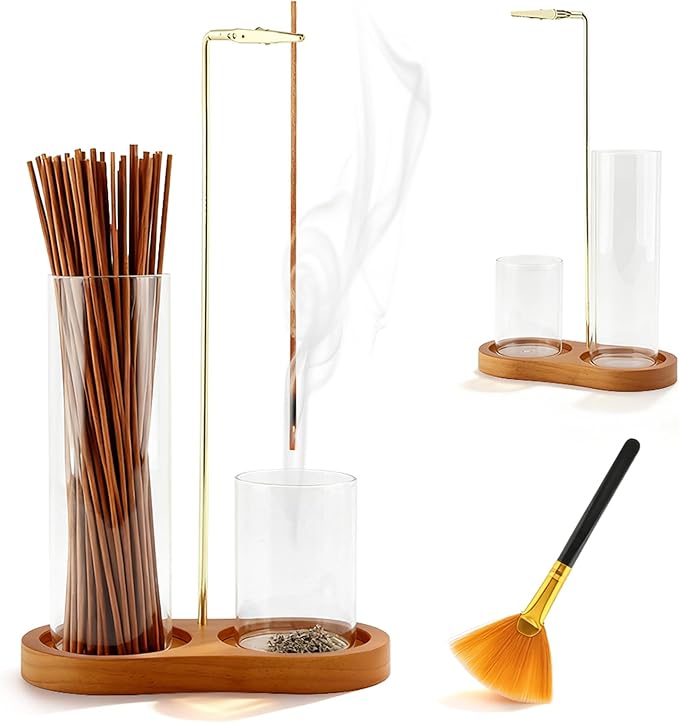 2 in 1 Glass Incense Holder for Sticks,Insence-Stick Holder,Incense Burner Holder with Storage & Ash Catcher Wooden Base for Meditation Yoga Spa Home Decor