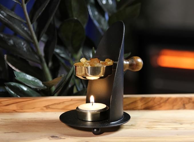 Incense Burner, Black and Gold Incense Holder - Tea Light Candle or Charcoal Resin Heated. Beautiful Adjustable Design, Offering Calming Atmosphere (Black Burner Candle Heated)