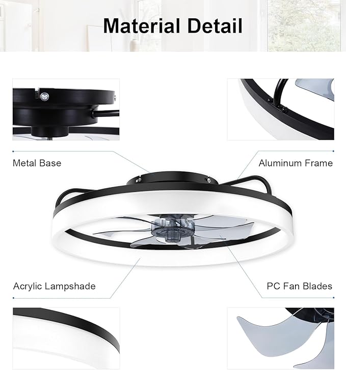 Ceiling Fans with Lights and Remote, 20" Modern Low Profile Ceiling Fan, 6-Speed Quiet Reversible Motor, Flush Mount LED Fan Light,Fandelier Ceiling Fans for Bedroom (Black)
