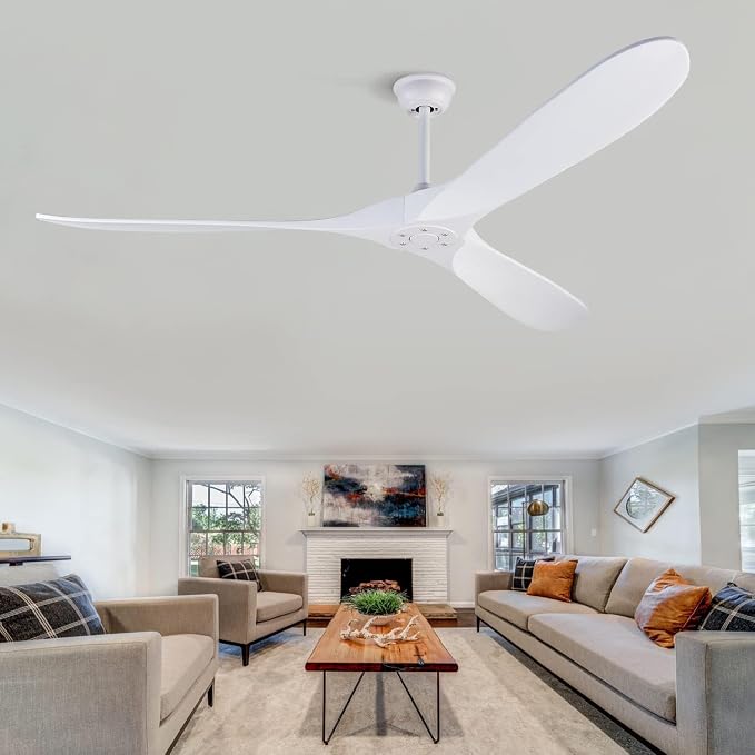 Large Ceiling Fans without Lights, 72 Inch Ceiling Fan no Light with Remote Control, 3 Solid Wood Blades Indoor Outdoor Fans Ceiling for Patios Porch Living Room Office (White Blades)