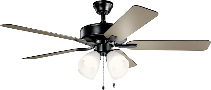 Kichler Basics Pro Premier 52 in Ceiling Fan with Light, Reversible Blade Indoor Fan with 4200 CFM High Airflow in Satin Black, LED Bulbs Included for Bedroom or Kitchen, 330016SBKS