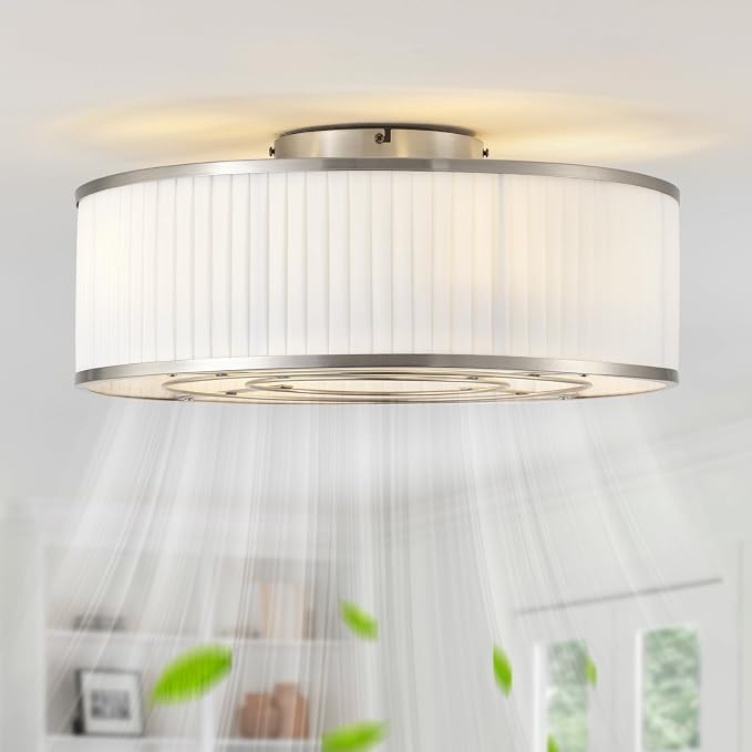 Boho Ceiling Fan with Light Flush Mount, 20" Caged Ceiling Fan with Light Remote Control Silver, Low Profile Ceiling Fans Bladeless Chrome 6 Speeds for Bedroom, Living Room, Nursery