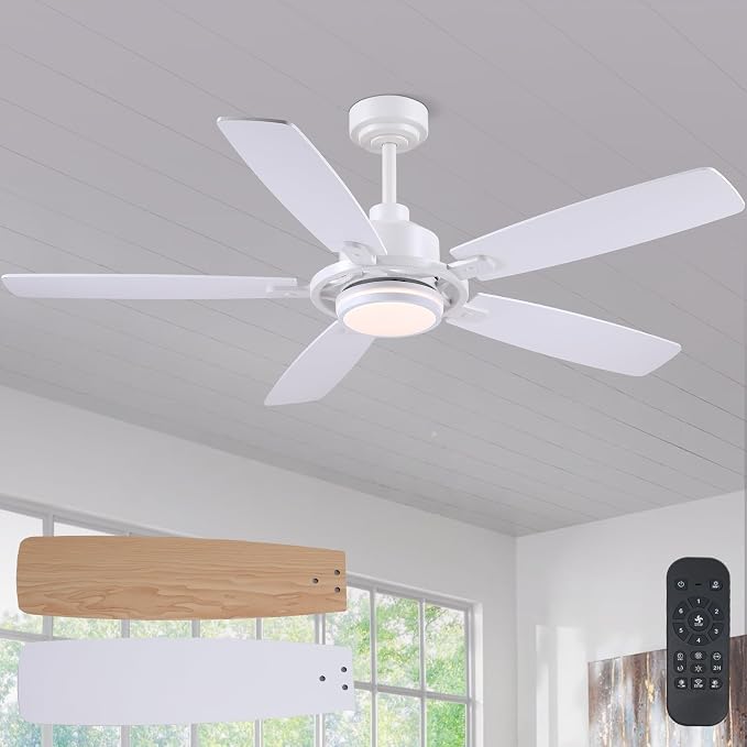 SHIHOT 54" White Modern Ceiling Fans with Lights&Remote for Bedroom Kitchen | 6 Wind Speeds, Reversible, Dimmable 3 Light Colors LED Light, 30W Noiseless DC Motor,5 Double-Sided Blades,2H Timer