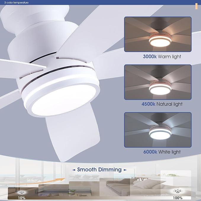 Wiviniya Ceiling Fans with Lights and Remote Control, 46 inch Low Profile Flush Mount Ceiling Fan, 3 CCT LED Dimmable Lights 5 Reversible Plastic Blades 6 Speeds for Bedroom Living Room, White