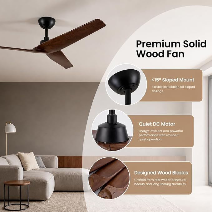 Skylike 52in Modern Wood Ceiling Fan No Light with Remote for Bedroom-Dark | Real Wood Blades, Quiet DC Motor,Reversible,Beep-Off Function,6 Speeds,3 Timers,6" downrod,Indoor and Outdoor