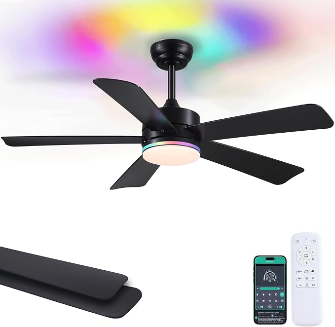 SHIHOT 46" Black Modern RGB Ceiling Fans with Lights for Bedroom Kids room | 14 RGB Modes ,6 Wind Speeds, Reversible, Dimmable 3 CCT LED, 35W Quiet DC Motor,6 Double-Sided Blades,for Bedroom Kidsroom