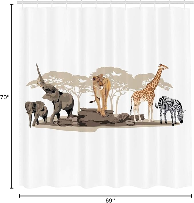 Ambesonne Savannah Shower Curtain, Cartoon Illustration of Wild Savannahs Animals Exotic Giraffe Lion Zebra Print, Cloth Fabric Bathroom Decor Set with Hooks, 69" W x 70" L, Brown Beige