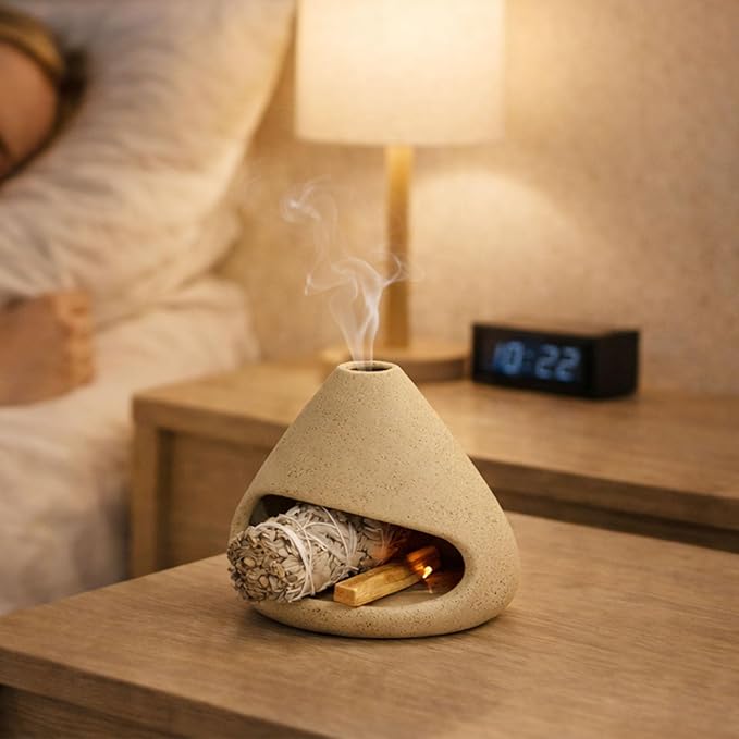 Ceramic Sage Smudge Burner with Ash Catcher – Handmade 4-in-1 Palo Santo & Incense Holder for Meditation, Yoga & Home Decor