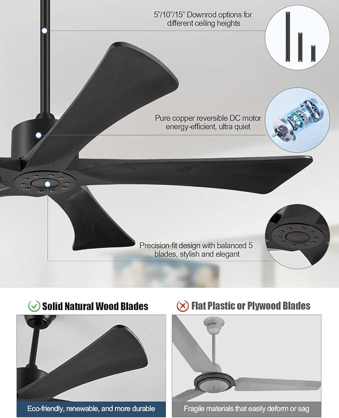 52 Inch Ceiling Fans Without Lights, USA Original Patent Outdoor Ceiling Fan No Light, 5 Wood Blades, ETL Listed, 6 Speeds Quiet DC Motor Modern Fan with Remote for Patios, 52", Matte Black