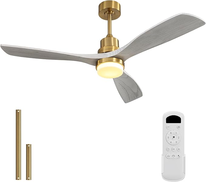 Sofucor 52 Inch Ceiling Fan with Light and Remote - 3 Solid Wood Blades, Quiet DC Motor, 6 Speeds 5000CFM, Dimmable Tri-Color LED with Memory, Timer & Reversible for Living Room Bedroom, ETL, Gold
