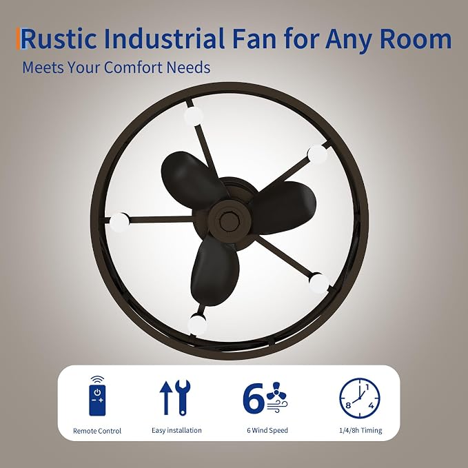 GarveeHome Caged Ceiling Fan 20in with Light, Flush Mount Fan Light Fixture | Black Metal Cage Flush Mount Ceiling Fan with Light, Remote Control Farmhouse Fan Light for Bedroom