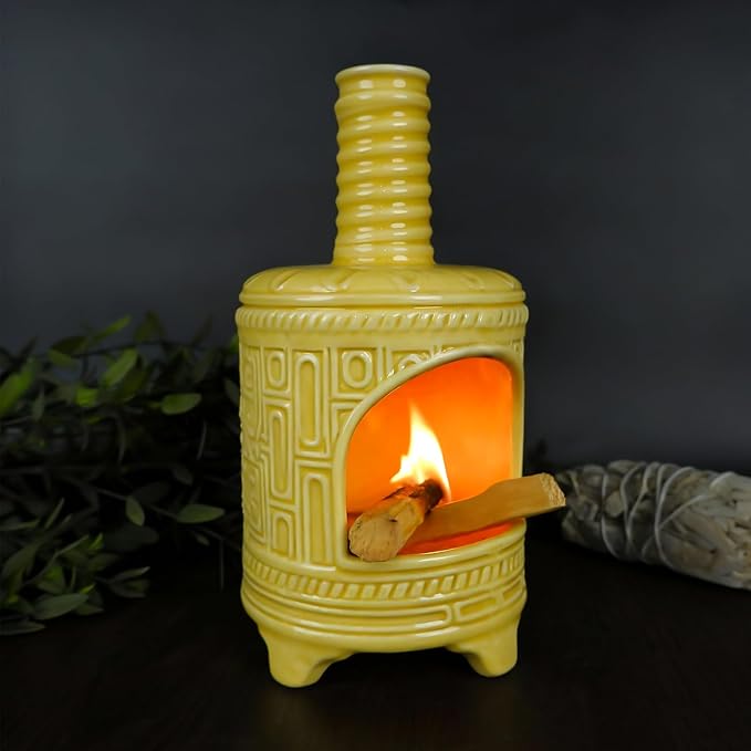 MOUGIGI Yellow Ceramic Palo Santo Burner Holder - Purpose for Palo Santo Sticks, Sage Smudge Sticks & Incense Cones Burning – Ideal for Energy Cleansing, Yoga, Meditation & with Unique Chimney Design