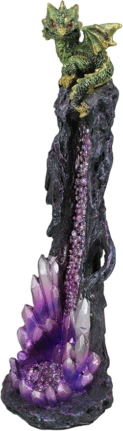 Ebros Gift Green Gaia Baby Dragon Guarding Faux Geode Quartz Crystal Quarry Rock Pillar Incense Burner Holder Figurine 10" High Fantasy Mythical Dungeons and Dragons Home Decorative Accent Statue
