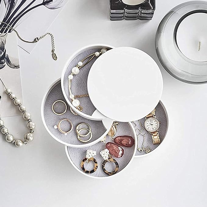 Jewelry Organizer Small Jewelry Storage Box 4-Layer Rotating Travel Jewelry Tray Holder for Women Bracelets Rings Bracelets Earrings (White)