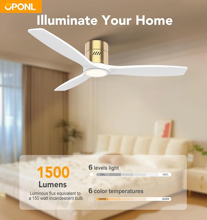 OPONL Ceiling Fan with Light, 52 inch Low Profile Ceiling fan with Light and Remote Control, Reversible, 6CCT, Dimmable, Noiseless, White Ceiling Fan for Bedroom, Indoor/Outdoor Use, Wood