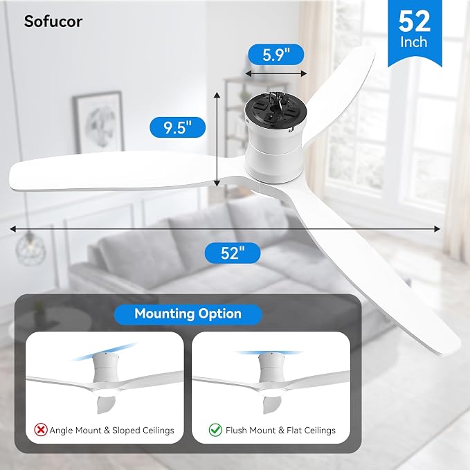 Sofucor 52 Inch Low Profile Ceiling Fan with Lights and Remote | Outdoor Modern Flush Mount, 6-Speed 3-CCT with Timer, 3 Wood Blades, For Bedroom Living Room Patios