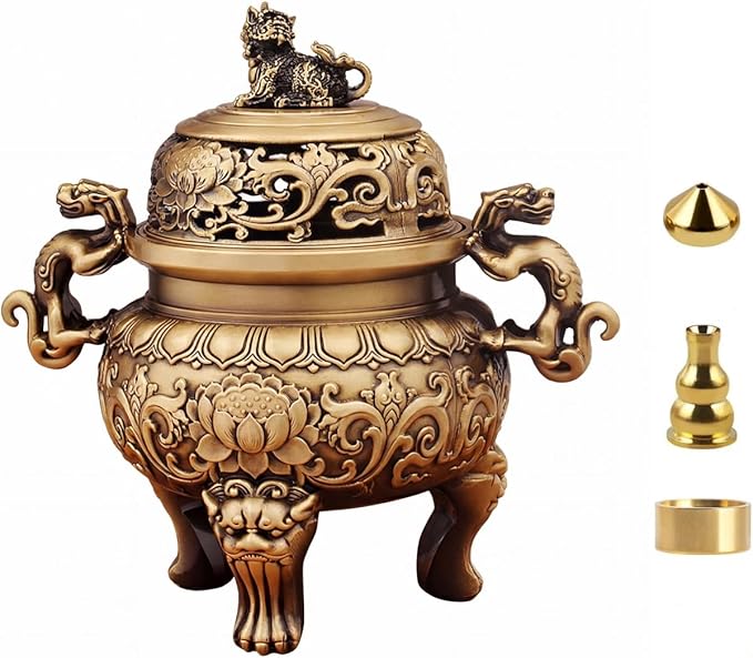 Solid Brass Incense Burner with Qilin Lid,22oz Chinese Feng Shui Handmade Censer,5.5 Inch Brass Incense Burner with 3 Incense Holders for Zen Meditation Altar Decor,Indoor Home Office Décor