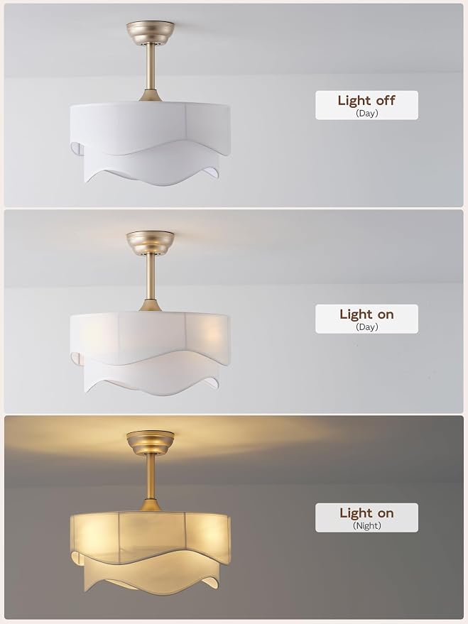 20" Boho Fandelier Ceiling Fans with Lights, Gold Fandelier Ceiling Fans with Light Remote Control, Fabric 6 Speeds Reversible for Bedroom, Living Room, Nursery, Kitchen (White)
