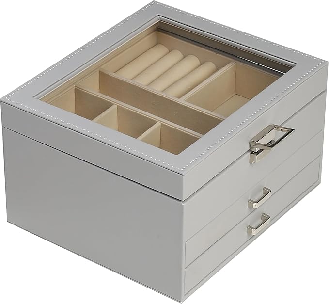 BOOVO Clear Lid Jewelry Box,3 Layers Jewelry Organizer Large Jewelry Storage Box with 2 Drawers,Jewelry Holder Organzier of Rings Earrings Necklace Bracelets for Women (Grey, 3 Layer)