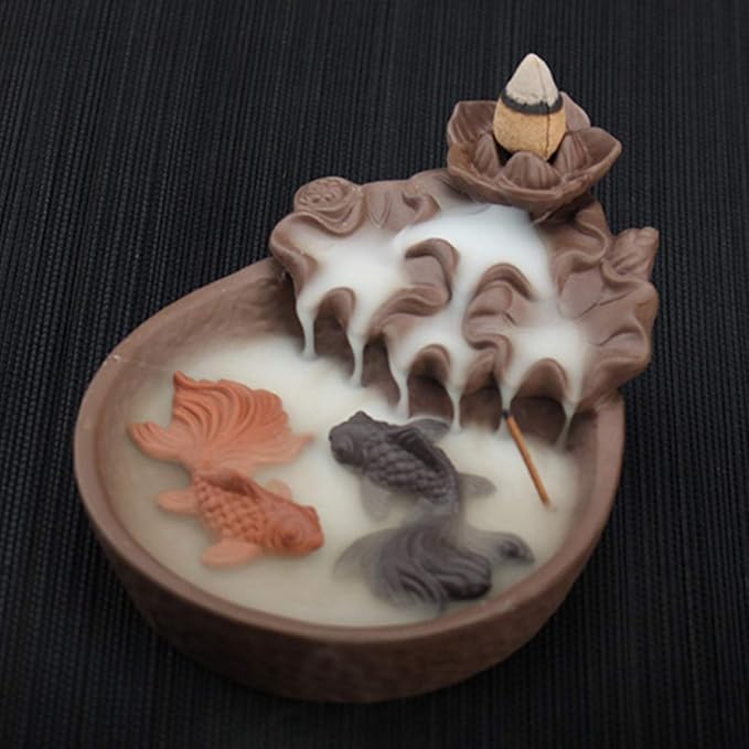 Backflow Fountain Waterfall Ceramic Incense Holders, Backflow Incense Burner Figurine Incense Cone Holders Home Decor Gift Decorations Statue Ornaments (Cyprinus carpio)