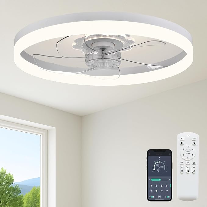 FSZDORJ 24'' Ceiling Fan with Light and Remote, Low Profile Ceiling Fan with Light, Dimmable Flush Mount Ceiling Fan Light, 6 Speeds Fan, App&Remote Control, Fandelier Quiet Fan for Bedroom F115 Black