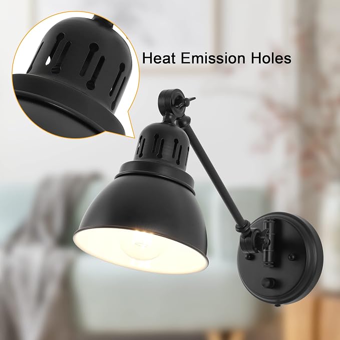 GOODATE Plug in Wall Sconces, Wall Sconce Lighting with Dimmable On Off Switch, Swing Arm Wall Lamp, Black Metal Industrial Wall Light Fixtures, Safety E26 Base, 6FT Plug in Cord