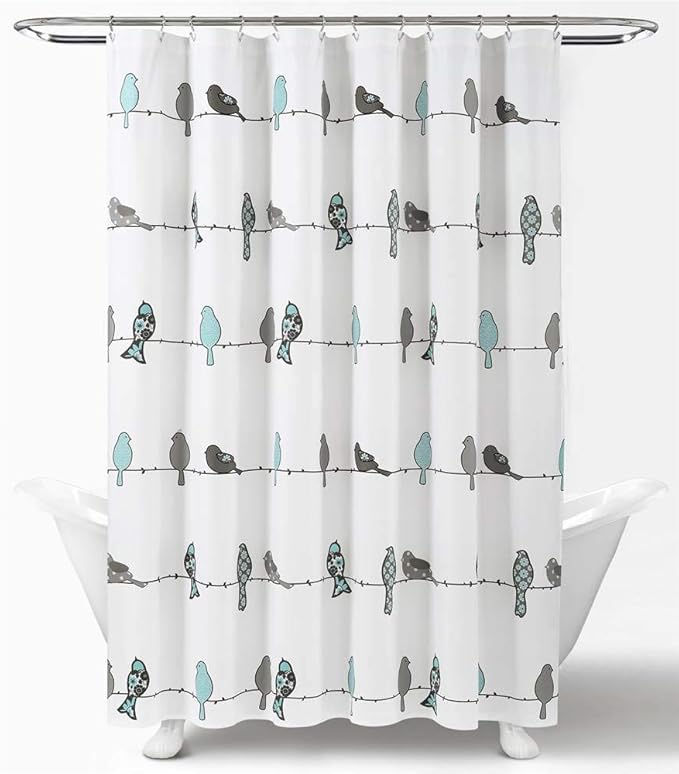 Lush Decor Rowley Birds Shower Curtain, 72” W x 72” L, Blue & Gray - Colorful Floral Bird Pattern - Whimsical & Playful Bird Shower Curtain - Farmhouse, Coastal, & Boho Bathroom Decor