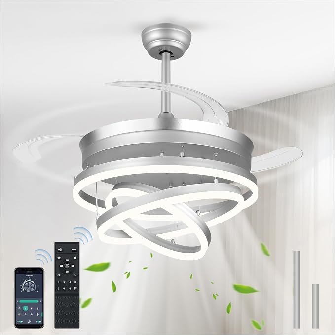 42 Inch Retractable Ceiling Fans with Lights and Remote, Modern Chandelier Fandelier Ceiling Fans, Quiet Reversible DC Motor, 6 Speeds, 3 Color Dimmable LED for Bedroom Living Room (Silver)