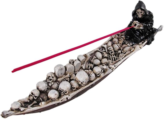 DWK Grim Reaper Skull Boat Decorative Incense Holder | Grim Reaper Decoration Large Incense Burner | Skull Decor Gothic Bookshelf | Reaper Figurines - 10L