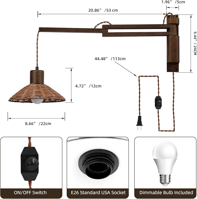 Wood Plug in Wall Sconces, Swing Arm Wall Lamp with Dimmable On Off Switch, Vintage Wall Mounted Light Fixture with Cord for Bedroom Nightstand Bedside Reading Lamp - Bulb Included