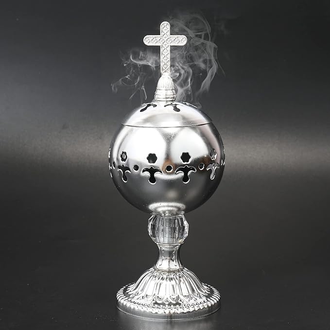 Nazareth Store Silver Charcoal Incense Burner Catholic Cross Censer Brass Plated Distiller for Church and Home