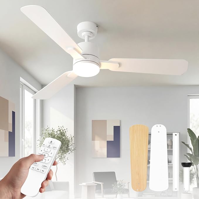 52" Ceiling Fan with Light and Remote, 6 Speed, Reversible Quiet DC Motor, 3CCT & Dimmable, Fast Install, Dual Finish 3 Blades Downrod Ceiling Fan with Lights for Bedroom, Living Room, Apartment