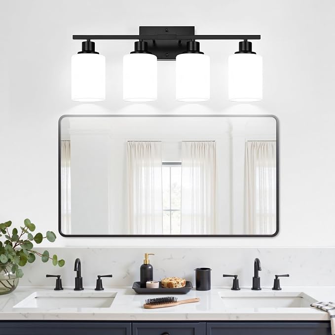 Indoi 4-Light Bathroom Light Fixtures, Matte Black Modern Vanity Lights with Milky White Shades, Bathroom Wall Lamp for Mirror Living Room Cabinet Bedroom Porch