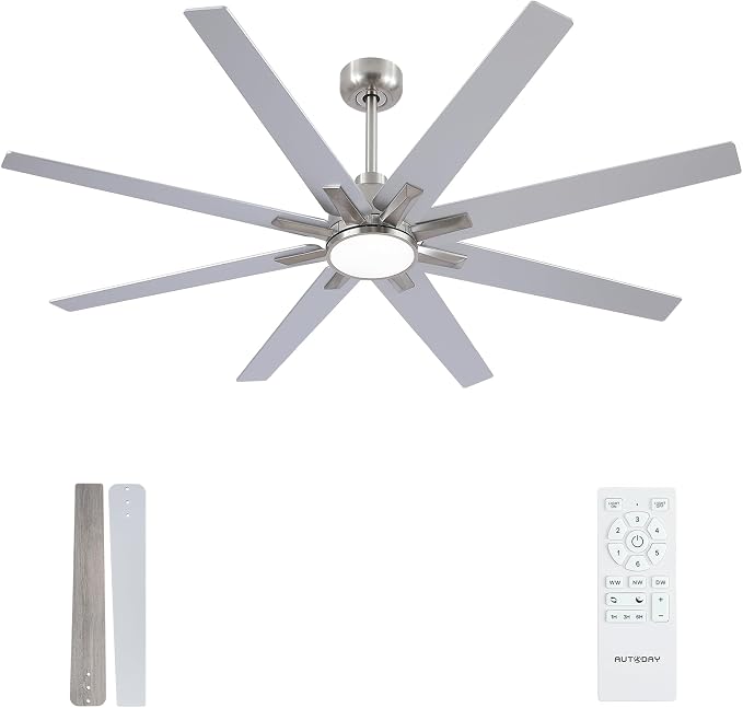 Newday 62 inch Brushed Nickel Ceiling Fan with Light & Remote, Indoor/Outdoor 8-Blade Fan, 6-Speed Silent Reversible DC Motor, 3CCT LED, Timer, 2 Downrods for Living Room/Patio