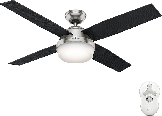 Hunter Dempsey, Indoor, Ceiling Fan, Modern, 52 inch, Brushed Nickel | with LED Light and Remote Control, Standard Mount, 4 Black Oak Blades, For Bedroom, Living Room, Kitchen, 59216