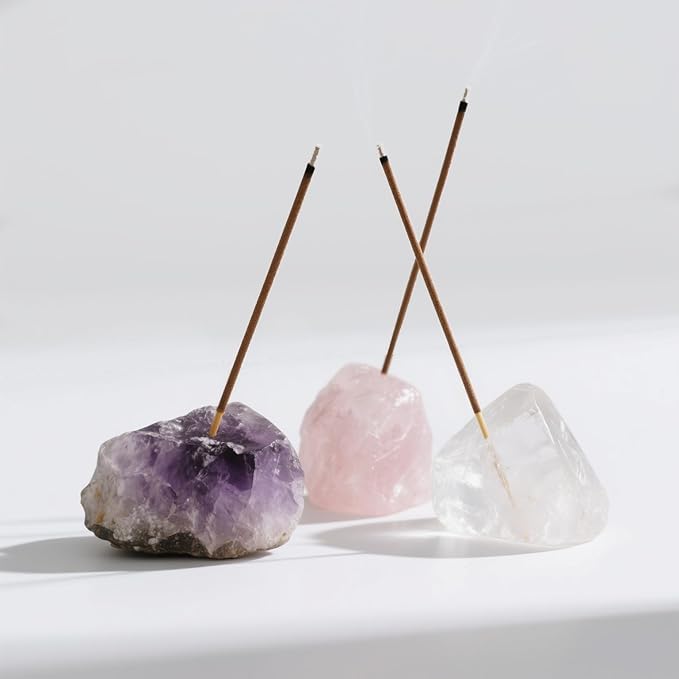 Natural Raw Crystal Incense Holder Set - 3 Unpolished Amethyst/White Quartz/Pink Stone (3-5cm), Aromatherapy Gift for Meditation, Yoga & Home Decor, Healing Energy Stone