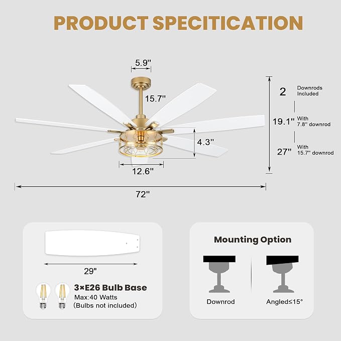 Dawn Whisper 72 Inch Large Ceiling Fans with Lights Modern White Gold Farmhouse Ceiling Fan for Living Room Bedroom 6 Speed Reversible Quiet DC Motor