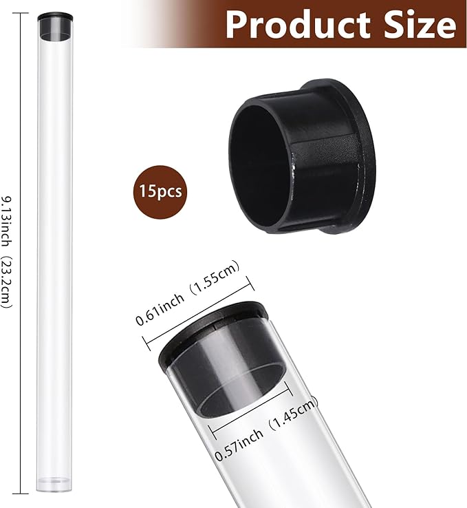CHGCRAFT 15 Pcs Clear Plastic Tube with Black Lid Transparent Plastic Tube Clear Storage Holder Clear Bead Containers for Store Incense Sticks Beads 9.1 inches