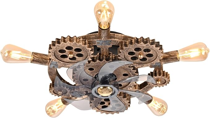 20" Retro Industrial Steampunk Ceiling Fans with Lights and Remote,Low Profile Flush Mount Bladeless Ceiling Fan with Light,Nautical Style 6 Speeds for Bedroom Kitchen Island Bar Cafe
