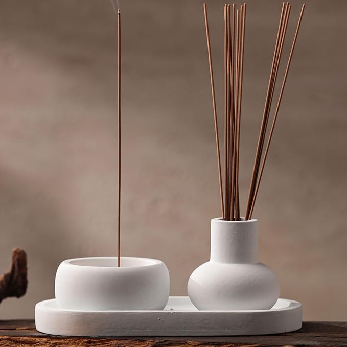 Concrete Incense Burner Set with Holder and Tray,Multifunction Incense Holder for Burning Sage,Palo Santo,Incense Sticks,Ideal for Meditation Home Decor(White)