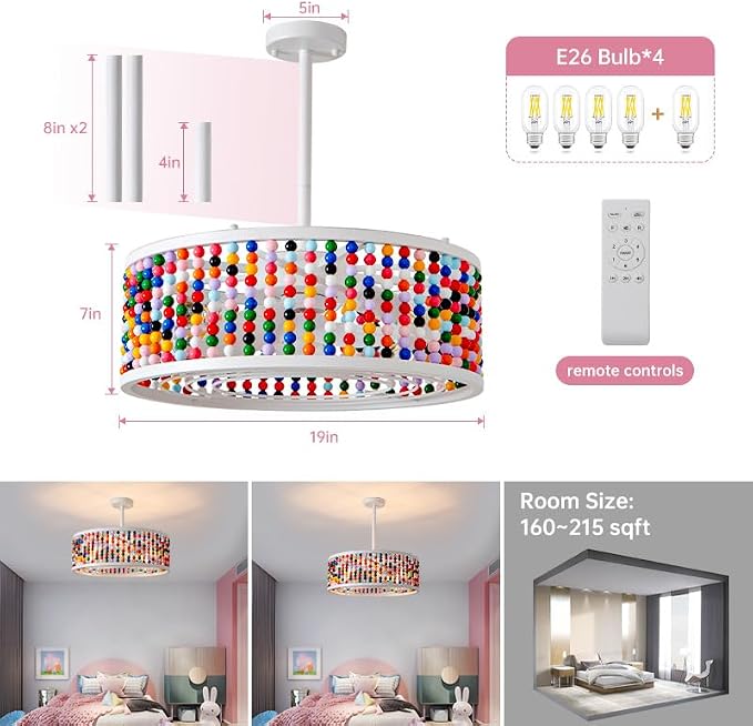 Ceiling Fans with Lights and Remote and Downrod, Caged Ceiling Fan with Handcrafted Beaded Décor 6 Speeds Reversible 19 inches Bulbs Included for Angled Ceiling, Colorful